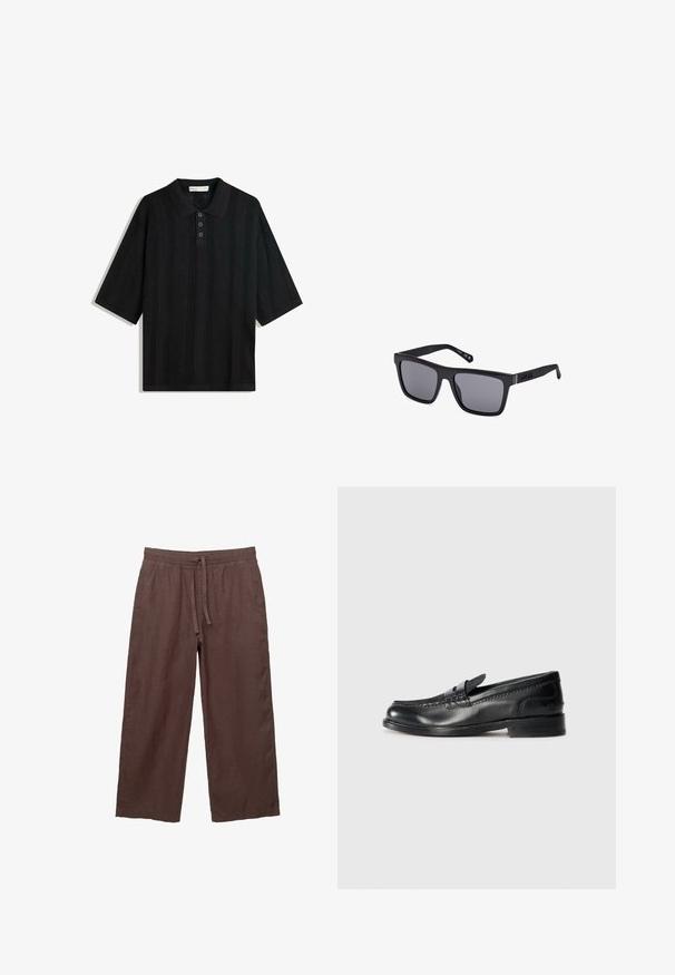 Fekete pólóing rövid ujjal, texturált kötött mintával, három gombos záródással és klasszikus galléros kialakítással.; Barna len széles szárú nadrág, amely húzózsinórral ellátott derékrésszel rendelkezik, két oldalsó zsebbel és könnyű, struktúrált anyagból készült.; Fekete bőr loaferek, díszvarrással a felsőrészen és dekoratív pánttal. Alacsony, rétegelt sarokkal és sima felülettel rendelkezik.; Fekete, téglalap alakú napszemüveg sötét lencsékkel, matt felülettel és logóval a szárakon. A kialakítás egyenes élekkel és vastag kerettel rendelkezik.