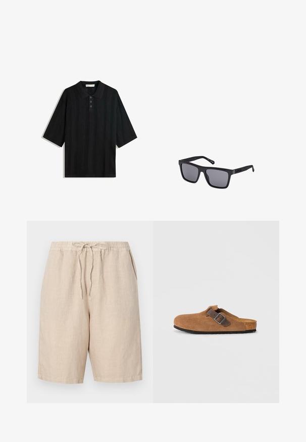 Polo nero a maniche corte, caratterizzato da un motivo a maglia testurizzata, patta con tre bottoni e un design del colletto classico.; Bermuda in lino di un colore beige chiaro con vita elastica, coulisse regolabile e tasche laterali. Texture liscia e vestibilità morbida.; Clogs in suede marrone con una fascia in pelle marrone regolabile e fibbia in argento, dotati di una soletta in sughero modellata e suola in gomma testurizzata.; Occhiali da sole rettangolari neri con lenti scure, finitura opaca e dettaglio del logo sulla tempia. Il design presenta bordi dritti e montature spesse.