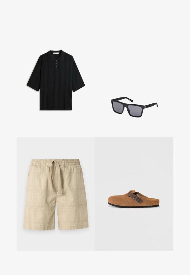 Polo nero a maniche corte, caratterizzato da un motivo a maglia testurizzata, patta con tre bottoni e un design del colletto classico.; Pantaloni corti beige realizzati in tessuto leggero con vita elasticizzata e cordoncino, con un delicato motivo a griglia e taglio dritto.; Clogs in suede marrone con una fascia in pelle marrone regolabile e fibbia in argento, dotati di una soletta in sughero modellata e suola in gomma testurizzata.; Occhiali da sole rettangolari neri con lenti scure, finitura opaca e dettaglio del logo sulla tempia. Il design presenta bordi dritti e montature spesse.