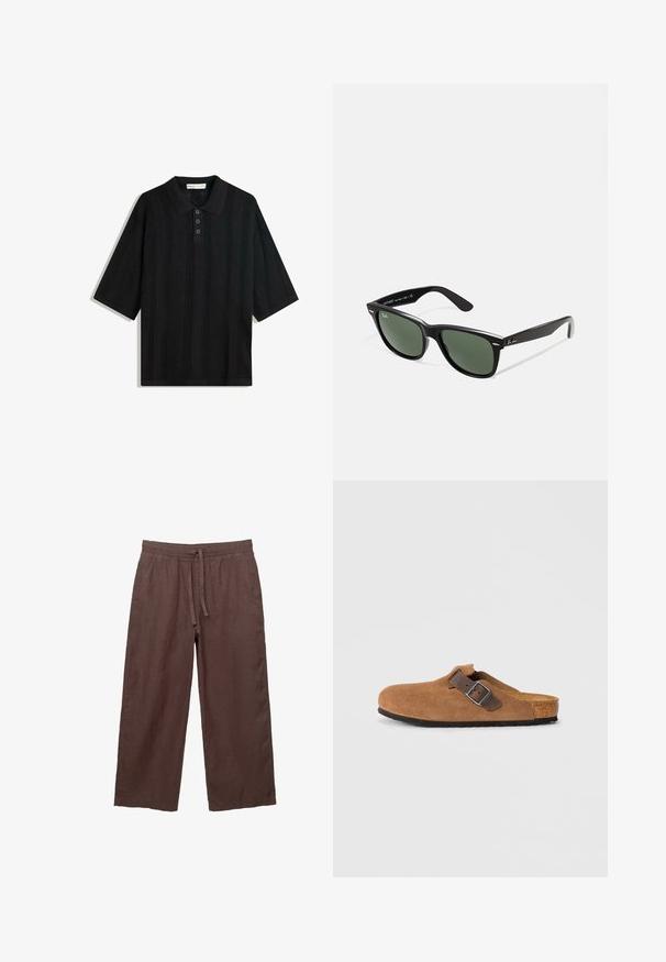 Schwarzes Polo-Shirt mit kurzen Ärmeln, ausgestattet mit einem strukturierten Strickmuster, einer Drei-Knopf-Leiste und einem klassischen Kragendesign.; Braune Leinen-Hose mit weitem Bein und einem Kordelzugbund, ausgestattet mit zwei seitlichen Taschen und einem leichten, strukturierten Stoff.; Braune Wildlederclogs mit einem verstellbaren braunen Lederriemen und einer silbernen Schnalle, ausgestattet mit einer geformten Korkfußbett und einer strukturierten Gummisohle.; Schwarze Plastiksonnenbrille mit grünen Gläsern, quadratischen Rahmen, silbernem Akzent auf der Augenbraue und strukturierten Bügeln. Angegebene Marke auf dem inneren Bügel.