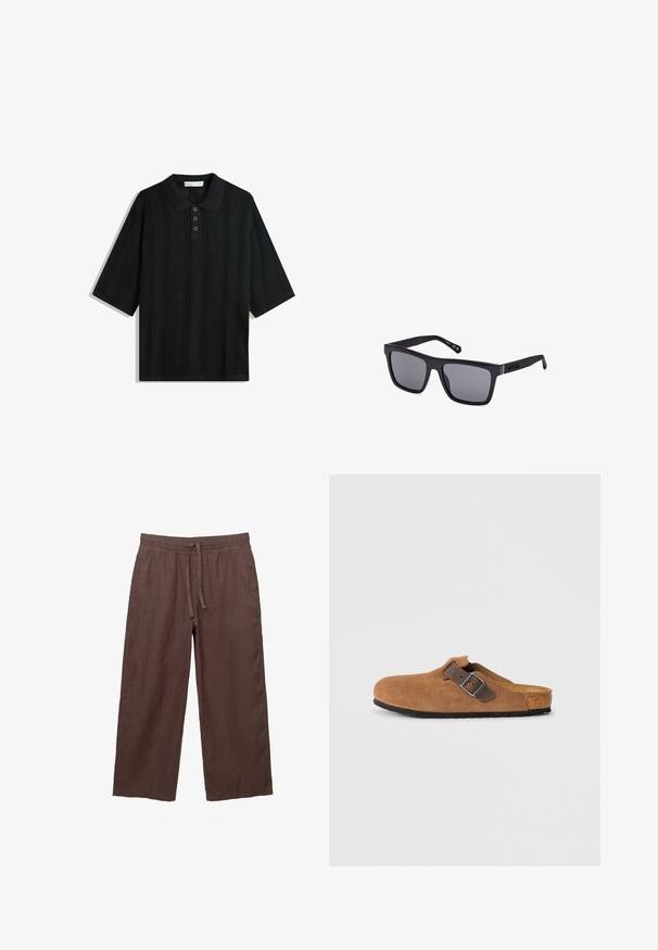 Črna polo majica s kratkimi rokavi, ki vključuje teksturiran pleten vzorec, tri gumbe in klasično obliko ovratnika.; Rjave lanene hlače širokega kroja z elastičnim pasom, ki imajo dva stranska žepa in lahko, teksturirano blago.; Rjave zamšene klompe z nastavljivim rjavim usnjenim trakom in srebrno zaponko, ki imajo oblikovano pluto podplata in teksturiran gumijast podplat.; Črne pravokotne sončne očala z temnimi lečami, mat finišem in logotipom na nosilcu. Oblikovanje vključuje ravne robove in debele okvirje.