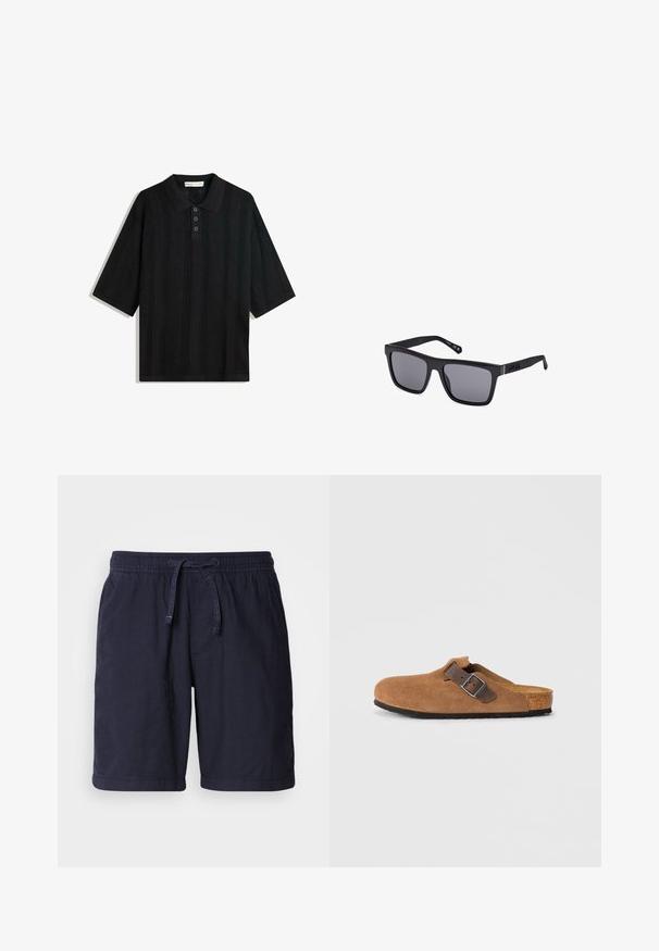 Schwarzes Polo-Shirt mit kurzen Ärmeln, ausgestattet mit einem strukturierten Strickmuster, einer Drei-Knopf-Leiste und einem klassischen Kragendesign.; Marineblaue Shorts aus leichtem Stoff, mit einem elastischen Bund und Kordelzug sowie seitlichen Taschen. Lässiges Design mit genähten Säumen.; Braune Wildlederclogs mit einem verstellbaren braunen Lederriemen und einer silbernen Schnalle, ausgestattet mit einer geformten Korkfußbett und einer strukturierten Gummisohle.; Schwarze rechteckige Sonnenbrille mit dunklen Gläsern, matter Oberfläche und Logodetail am Bügel. Das Design hat gerade Kanten und dicke Rahmen.