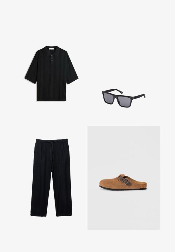 Svart pikétröja med kort ärm, med ett strukturerat stickat mönster, tre-knappars knappslå och en klassisk kragsdesign.; Svarta, lätta, vida byxor med elastisk midja och dragsko. Har två sidfickor och en mjuk yta.; Bruna mockaskor med ett justerbart brunt läderrem och silverfärgad spänne, utrustade med en formad korkfotbädd och en strukturerad gummisula.; Svarta rektangulära solglasögon med mörka linser, matt yta och logotypdetalj på bågen. Designen har raka kanter och tjocka bågar.