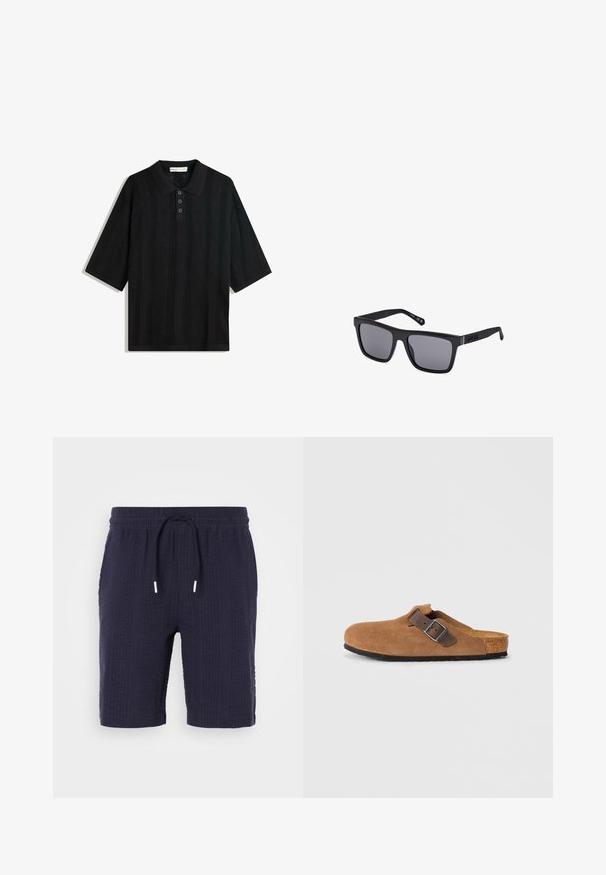 Čierne polo tričko s krátkymi rukávmi, zdobené textúrovaným pleteným vzorom, s tri gombíkmi na zapínanie a klasickým golierom.; Námornícke šortky s textúrovaným vzorom, elastickým pásom a šnúrkovým zapínaním. Majú voľný strih a dĺžku nad kolená.; Hnedé semišové klobúky s nastaviteľným hnedým koženým remienkom a striebornou sponou, s tvarovanou korkovou stielkou a textúrovanou gumovou podrážkou.; Čierne obdĺžnikové slnečné okuliare s tmavými sklami, matným povrchom a logom na spánku. Dizajn má rovné hrany a hrubé rámy.