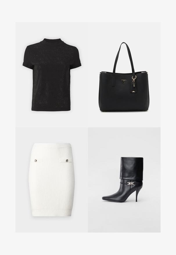 Czarny krótki top z krótkim rękawem, z wysokim dekoltem i teksturowanym wzorem z diamentowymi akcentami. Miękki materiał o gładkim wykończeniu i subtelnej błyszczącej powierzchni.; Biała mini spódnica z prążkowanej dzianiny, z srebrnymi guzikami na przednich kieszeniach i dopasowanym krojem, charakteryzująca się miękką fakturą i elastycznym pasem.; Czarne skórzane botki za kostkę z ostrym noskiem, wysokim obcasem w kształcie stiletto, z załamanym mankietem oraz złotym dekoracyjnym zapięciem na kostce.; Czarna torba na ramię wykonana z teksturowanego materiału syntetycznego, z dwoma uchwytami, złotą blaszką z logo oraz małą metką z detalem akcentującym.