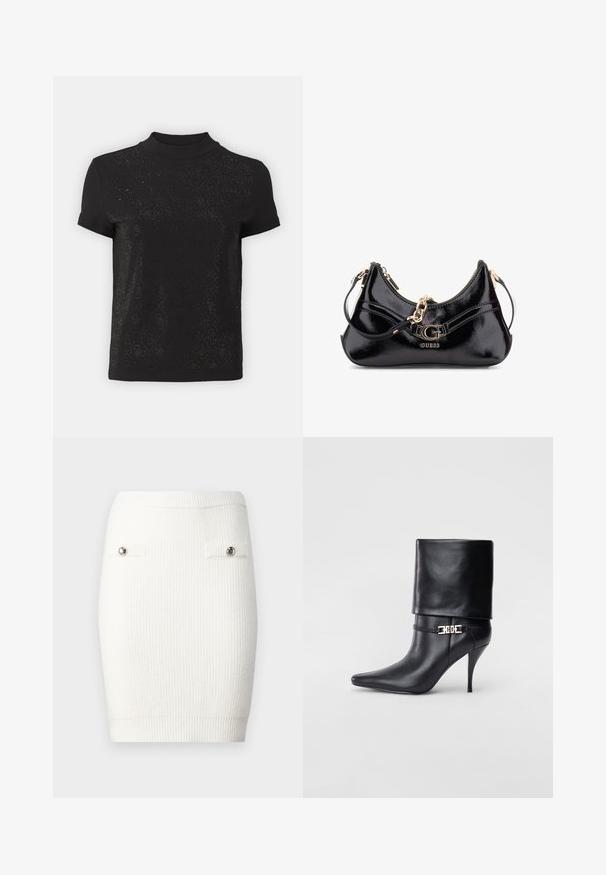 Schwarzes kurzärmliges Oberteil mit hohem Ausschnitt und strukturiertem Muster mit Diamantakzenten. Weiches Material mit glatter Oberfläche und subtiler Sparkle.; Weißes, geripptes Strick-Minirock mit silbernen Knopfakzenten an den vorderen Taschen und einer figurbetonten Silhouette, mit einer weichen Textur und elastischem Bund.; Schwarze Leder-Ankle-Boots mit spitzer Zehenpartie, hohen Stiletto-Absätzen, umgeschlagenem Schaft und einem goldenen dekorativen Schnallen-Detail an der Knöchel.; Schwarze Lackledertasche mit geschwungenem Design, goldenen Hardware-Akzenten und einem auffälligen Logo. Inklusive abnehmbarem Schultergurt.