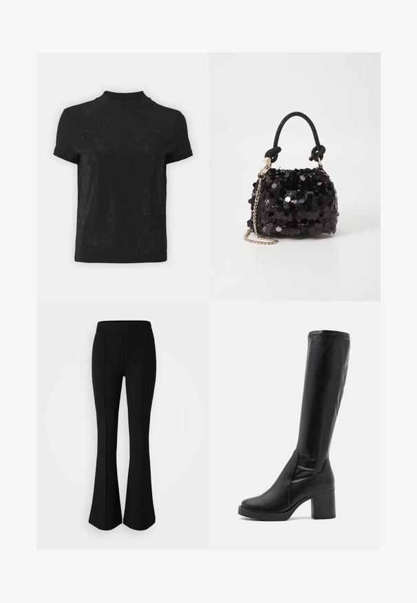 Czarny krótki top z krótkim rękawem, z wysokim dekoltem i teksturowanym wzorem z diamentowymi akcentami. Miękki materiał o gładkim wykończeniu i subtelnej błyszczącej powierzchni.; Czarne spodnie dzwony z elastycznego materiału o gładkiej strukturze, z detalami szwów z przodu dla dodatkowego stylu.; Czarne kozaki do kolan wykonane z gładkiej skóry, z masywnym obcasem i zaokrąglonym noskiem. Charakteryzują się bezszwowym wzornictwem i subtelnymi przeszyciami.; Czarna mini torebka z cekinami, z węzłowym, teksturowanym paskiem i srebrnym łańcuchem. O zaokrąglonym kształcie z marszczoną górą i refleksyjnymi detalami.