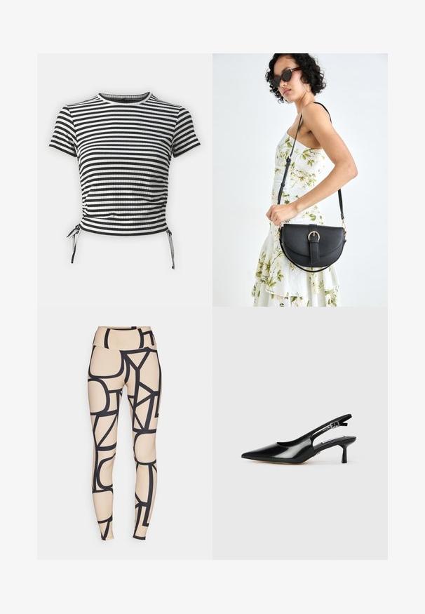 Melnbaltas svītrains īsām piedurknēm tops ar ribotu tekstūru, apaļu dekoltē un regulējamiem sānu saitēm, lai radītu salasītu efektu.; Beige legingi ar melniem ģeometriskiem rakstiem. Augsta vidukļa dizains ar gludu tekstūru un elastīgu audumu. Pieguļoša siluets.; Melnas lakotu ādas kurpes ar atvērtu papēdi, ar smailu purngali, plānu papēdi un regulējamu sprādzi. Gluda tekstūra ar minimālu apdari.; Melnas ādas rokassoma ar izliekta formu, noņemamu siksnu un zelta aksesuāriem. Somai ir vāciņš ar sprādzes detaļu.