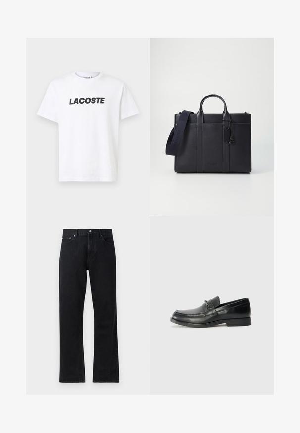 Weißes Baumwoll-T-Shirt mit einem auffälligen schwarzen "LACOSTE"-Logo auf der Brust. Kurzärmlig und mit Rundhalsausschnitt.; Schwarze Jeans aus Denim mit geradem Bein, ausgestattet mit einem Knopfverschluss, im Fünf-Taschen-Stil und dezenten Steppdetails.; Schwarze Lederloafers mit runder Zehenform, ausgestattet mit einem gesteppten Design, einem kleinen Frontriemen mit Hardware-Details und einer flachen Gummisohle.; Dunkelblaues Lederaktentasche mit doppelten oberen Griffen und einem abnehmbaren Gurt. Merkmale sind die strukturierte Oberfläche, vertikale Nähte und das Logo-Detail.