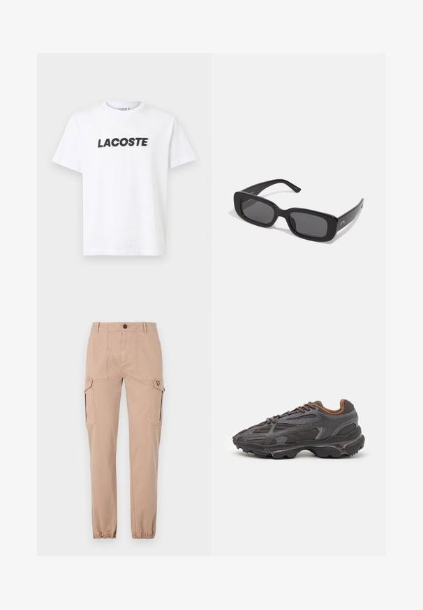 Fehér pamut póló, amelyen egy feltűnő fekete "LACOSTE" logó található a mellkason. Rövid ujjak és kerek nyakú dizájn.; Beige cargo nadrág, slim fit szabással, két oldalsó zsebbel és rugalmas szegéllyel. Puha pamut anyag, sima dizájnnal, minta nélkül.; Sötét szürke Lacoste sportcipők hálós és szintetikus anyagból, textúrázott talppal és barna díszítésekkel a nyak részen és a logón.; Fekete téglalap alakú napszemüveg sötét lencsékkel, sima műanyag kerettel és széles szárakkal. Diszkrét márkázás az oldalon.