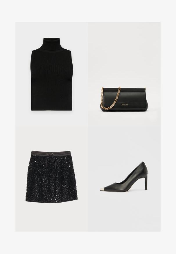 Top negru fără mâneci, cu guler înalt, realizat dintr-un material texturat cu nervuri și cu un design fitted. Material neted, fără alte detalii decorative.; Fustă neagră din paiete cu talie elastică și șnur, având o textură netedă și o suprafață strălucitoare, care reflectă lumina.; Pantof cu toc înalt din piele neagră, cu vârf ascuțit și un capac metalic argintiu. Are un finisaj neted și un toc subțire de 10 cm.; Plică din piele neagră cu o curea din lanț auriu, având o textură netedă, formă rectangulară și o marcă embosată pe față.