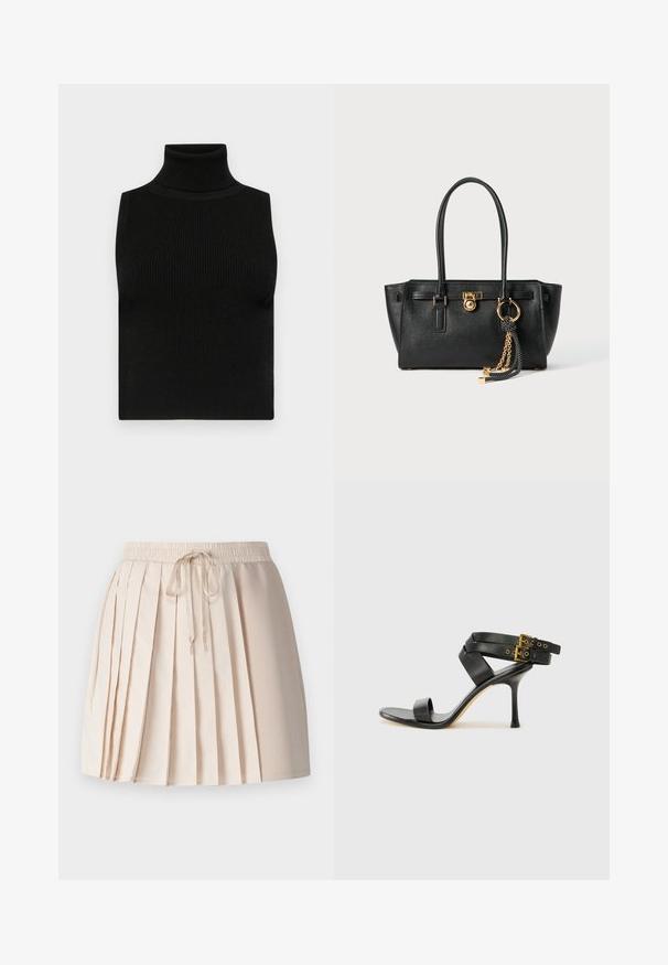 Černý bezrukávový rolák s žebrovanou strukturou a přiléhavým designem. Hladká tkanina s vysokým krkem a bez dalších ozdob.; Pletená sukně v světlé béžové barvě, vyrobená z měkké tkaniny. Má elastický pas se šňůrkou a vertikální sklady pro texturu.; Černé sandály na podpatku s kříženými popruhy a nastavitelnou sponou. Mají hladký povrch a špičatý stiletto podpatek.; Černá kožená kabelka s dvojitými uchy, zlatým zámkem a řetízkem, a černo-bílým třásňovým doplňkem na bílém pozadí.