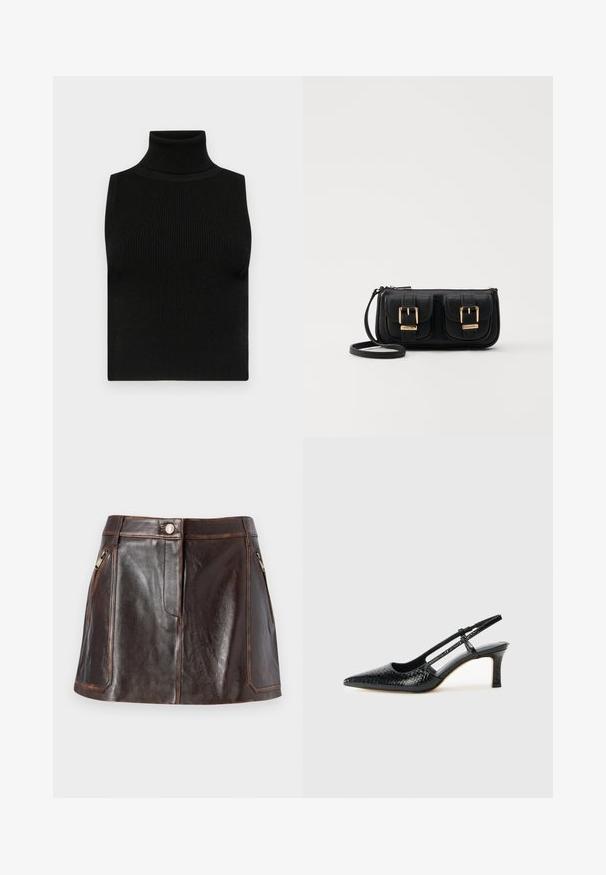 Top senza maniche nero a collo alto con texture a coste e design aderente. Tessuto morbido con collo alto e senza ulteriori decorazioni.; Mini gonna in pelle marrone con un design elegante, due tasche laterali con zip e cuciture a contrasto lungo i bordi.; Slingback con tacco in vernice nera con punta affusolata, caratterizzato da una stampa a serpente testurizzata, cinturino regolabile e un tacco corto e testurizzato.; Borsa a tracolla nera in pelle con due tasche frontali, fibbie dorate, chiusura con zip e una tracolla sottile. Superficie texturizzata e forma rettangolare compatta.