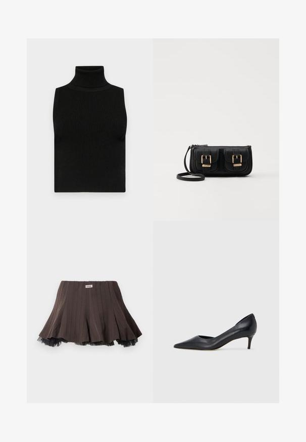 Zwarte mouwloze coltrui met geribbeld textuur en een getailleerd ontwerp. Glad materiaal met een hoge hals en zonder extra versieringen.; Bruine geplooide rok met een textuurstof, voorzien van een gelaagde zwarte tule rand aan de onderkant en een klein logo-label op de tailleband.; Zwarte leren pump met een puntige neus en lage hak. Heeft een gladde textuur en een subtiele glans. Open uitsparing aan de voorkant voor extra detail.; Zwarte leren schoudertas met twee vo pockets, gouden gespen, ritsluiting en een smalle band. Tekstuur oppervlak en compacte rechthoekige vorm.
