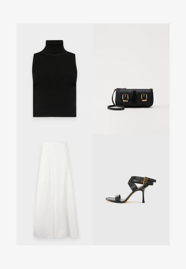 Schwarzes ärmelloses Turtleneck-Oberteil mit gerippter Textur und figurbetonter Passform. Glatter Stoff mit hohem Kragen und ohne zusätzliche Verzierungen.; Weißer Rock mit diagonalen marineblauen Streifen, fließendes Design und eine glatte Textur. Verfügt über eine hohe Taille und eine großzügige A-Linie.; Schwarze Absatzsandale mit gekreuzten Riemen und verstellbarem Schnallenverschluss. Sie verfügt über eine glatte Textur und einen schmalen Stiletto-Absatz.; Schwarze Leder-Umhängetasche mit zwei vorderen Taschen, goldenen Schnallen, Reißverschluss und einem schmalen Tragegurt. Texturierte Oberfläche und kompakte rechteckige Form.