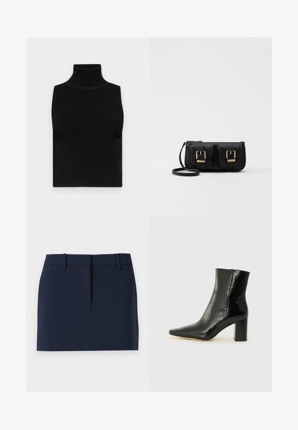 Svart ermløs turtleneck topp med ribbet tekstur og tettsittende design. Glatt stoff med høy hals og ingen ekstra detaljer.; Mørkeblå skjørt laget av glatt stoff, med en midjebånd, en frontåpning og rene linjer uten lommer eller dekorasjoner.; Svart ankelstøvel laget av blankt lær med spiss tå og en robust, firkantet hæl. Har en glatt tekstur og en minimalistisk design.; Svart skinn crossbody veske med to frontlommer, gyldne spenner, glidelåslukking og en slank stropp. Teksturert overflate og kompakt rektangulær form.