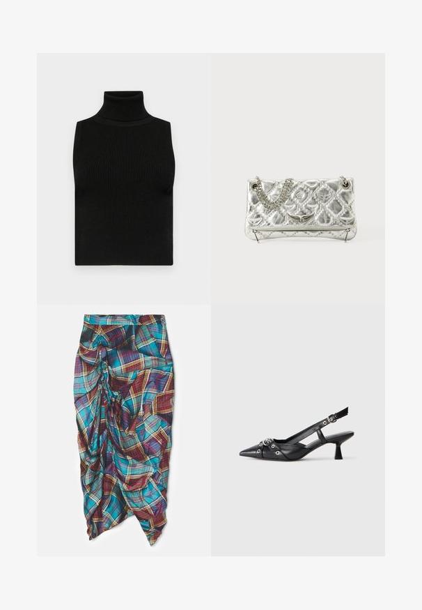 Crni bezrukavni pulover s visokim ovratnikom, izrađen od rebraste tkanine i prilagođenog kroja. Glatka tkanina s visokim ovratnikom i bez dodatnih ukrasa.; Vivienne Westwood SIDE PANTHER SKIRT - Uska suknja - multi; Crne kožne cipele s remenom oko pete, s izduženim vrhom, dekorativnim trakama s metalnim rupama i niskom blok petom. Teksturirana površina.; Srebrna metalik torba s lancem za nošenje, kviltana tekstura, dekorativni šavovi i zatvaranje na patentni zatvarač. Sadrži reljefne naglaske na prednjoj strani.