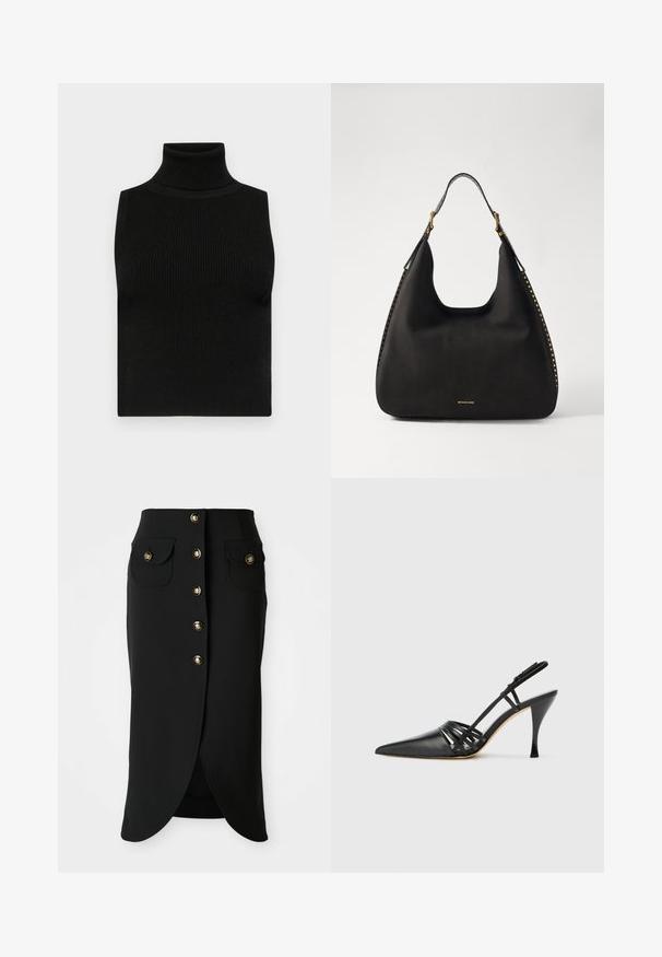 Zwarte mouwloze coltrui met geribbeld textuur en een getailleerd ontwerp. Glad materiaal met een hoge hals en zonder extra versieringen.; Zwarte knie-lange rok van soepel materiaal, voorzien van een voorste knopen sluiting, twee zijzakken en een hoge split aan de achterkant. Accenten met gouden knopen.; Zwarte leren hoge hak slingback schoen met spitse neus, crisscross bandontwerp en slanke stilettohak. Smooth textuur en minimale accenten.; MICHAEL Michael Kors NOLITA HOBO  - Handtas - black