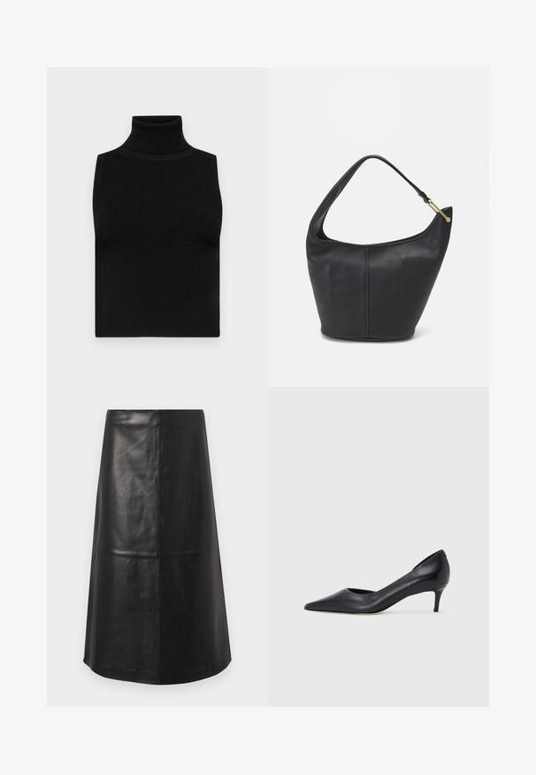 Svart ärmlös polokrage topp med ribbat mönster och figurnära design. Slät tyg med hög hals och utan ytterligare dekorationer.; STUDIO ID MIDI SKIRT - A-linjekjol - black; Svart läderpumps med spetsig tå och låg klack. Har en slät textur och subtil glans. Öppet utskuret fram för extra detalj.; Svart läderhandväska med rundad form, bred axelrem och texturerad yta. Har en diskret sömdetalj och accenter i guldton.