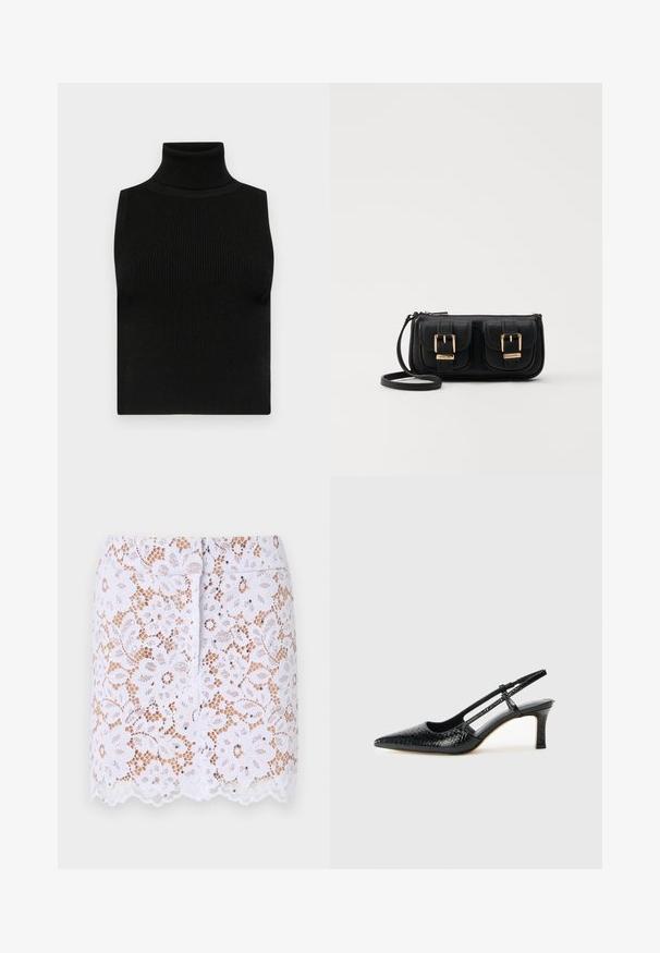 Svart ermløs turtleneck topp med ribbet tekstur og tettsittende design. Glatt stoff med høy hals og ingen ekstra detaljer.; Hvit blondekjole med blomstermønster, bølget kant og diskrete pynt. Har en tettsittende design og skjult glidelås bak.; Sorte patent slingback hæl med spids tå, featuring tekstureret slangeskind, justerbar rem og en kort, tekstureret blokhæl.; Svart skinn crossbody veske med to frontlommer, gyldne spenner, glidelåslukking og en slank stropp. Teksturert overflate og kompakt rektangulær form.