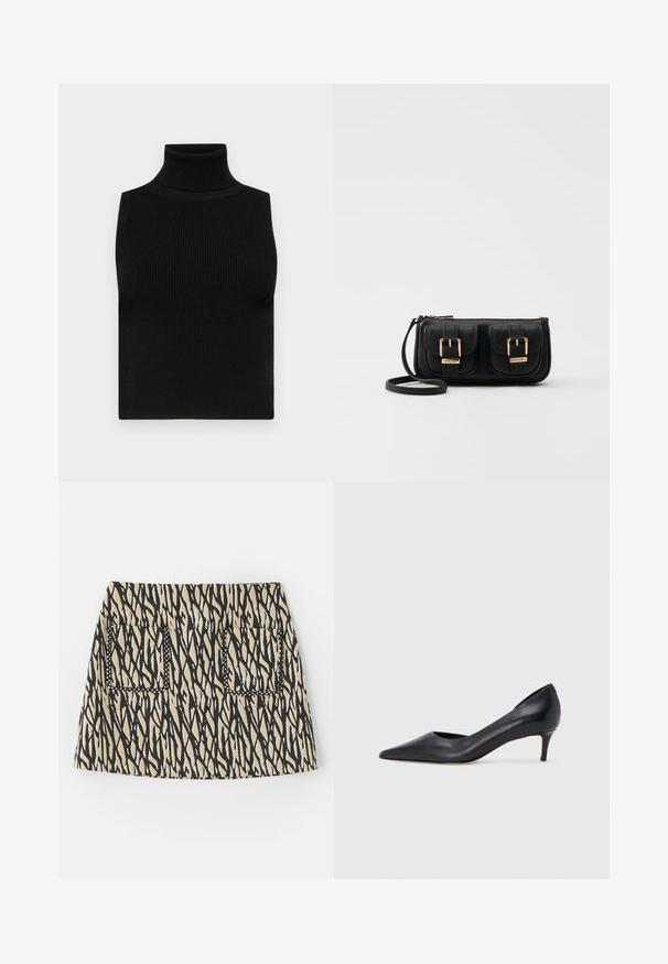 Schwarzes ärmelloses Turtleneck-Oberteil mit gerippter Textur und figurbetonter Passform. Glatter Stoff mit hohem Kragen und ohne zusätzliche Verzierungen.; Kurzer Rock mit einem schwarz-beigen abstrakten Muster, ausgestattet mit zwei Fronttaschen, die mit schwarzem Ziernähten umrandet sind. Stoff aus Baumwollmischung.; Schwarzer Pumps aus Leder mit spitzer Zehenpartie und niedrigem Absatz. Verfügt über eine glatte Textur und dezenten Glanz. Vordere Öffnung für ein zusätzliches Detail.; Schwarze Leder-Umhängetasche mit zwei vorderen Taschen, goldenen Schnallen, Reißverschluss und einem schmalen Tragegurt. Texturierte Oberfläche und kompakte rechteckige Form.