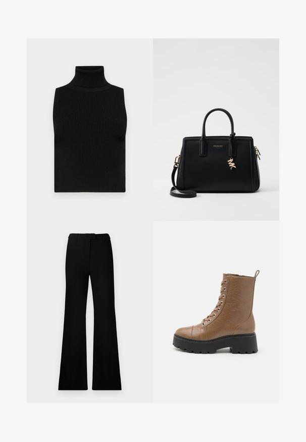 Black sleeveless turtleneck top with ribbed texture and fitted design. Smooth fabric with a high neck and no additional embellishments.; Black flared pants featuring a smooth texture, tailored waistband, and front pockets, designed with a sleek, modern silhouette.; Brown faux leather ankle boots with a chunky black sole, round toe, front lacing, and a pull tab at the back. Textured surface detail.; Black leather handbag with structured design, dual top handles, detachable shoulder strap, gold hardware, and a logo charm accent.