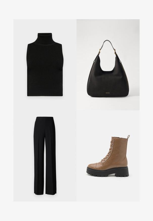 Top senza maniche nero a collo alto con texture a coste e design aderente. Tessuto morbido con collo alto e senza ulteriori decorazioni.; Pantaloni neri a gamba larga con una texture liscia, dotati di una vita alta e pieghe centrali. Nessun motivo visibile o dettagli in metallo.; Stivaletti alla caviglia in finta pelle marrone con una suola nera spessa, punta rotonda, lacci anteriori e un'etichetta per il passaggio sul retro. Dettagli con superficie testurizzata.; MICHAEL Michael Kors NOLITA HOBO  - Borsa a mano - black