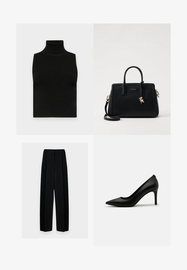 Černý bezrukávový rolák s žebrovanou strukturou a přiléhavým designem. Hladká tkanina s vysokým krkem a bez dalších ozdob.; Černé široké kalhoty s vysokým pasem, které mají sklady a hladký povrch. Tkanina vypadá lehce a krásně se splétá.; Černá lodička na vysokém podpatku vyrobená z hladké kůže, s špičatou špičkou a štíhlým jehlovým podpatkem. Minimalistický design bez viditelných ozdob.; Černá kožená kabelka se strukturovaným designem, dvojitými horními uchy, odnímatelným ramenním popruhem, zlatými doplňky a akcentem ve formě logového charm.