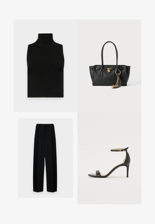 Zwarte mouwloze coltrui met geribbeld textuur en een getailleerd ontwerp. Glad materiaal met een hoge hals en zonder extra versieringen.; Zwarte wijde broek met een hoge taille, met plooien en een gladde textuur. De stof lijkt lichtgewicht en valt elegant.; Zwarte leren hoge hak sandaal met enkelbandje. Heeft een gladde textuur, open teen en een dunne hak. Gouden gesp detail.; Zwarte leren handtas met dubbele handgrepen, gouden slot en kettingdetail, en zwart-witte franjer accent tegen een witte achtergrond.
