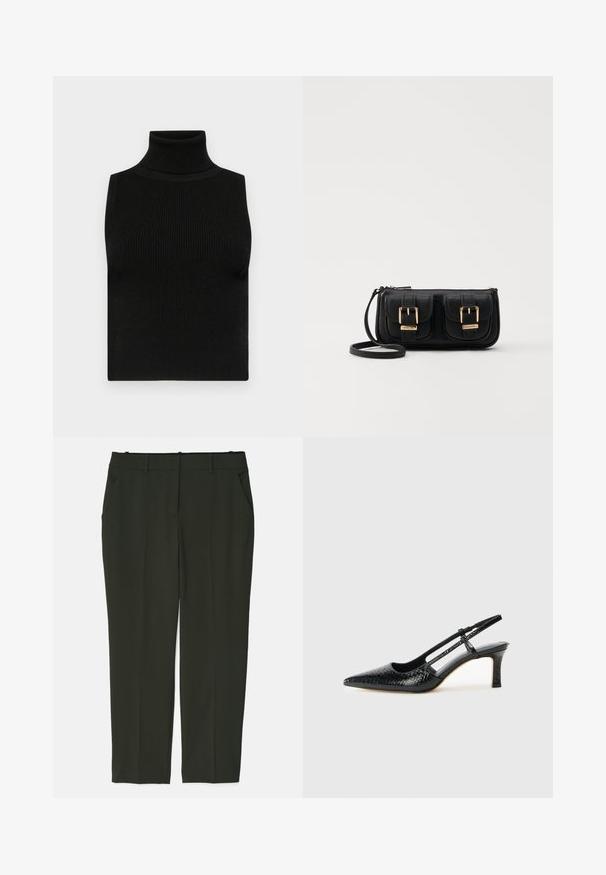 Svart ermløs turtleneck topp med ribbet tekstur og tettsittende design. Glatt stoff med høy hals og ingen ekstra detaljer.; Mørkegrønne, skreddersydde bukser laget av glatt stoff. Har to frontlommer, en flat midjebånd og rette ben uten synlige mønstre.; Sorte patent slingback hæl med spids tå, featuring tekstureret slangeskind, justerbar rem og en kort, tekstureret blokhæl.; Svart skinn crossbody veske med to frontlommer, gyldne spenner, glidelåslukking og en slank stropp. Teksturert overflate og kompakt rektangulær form.