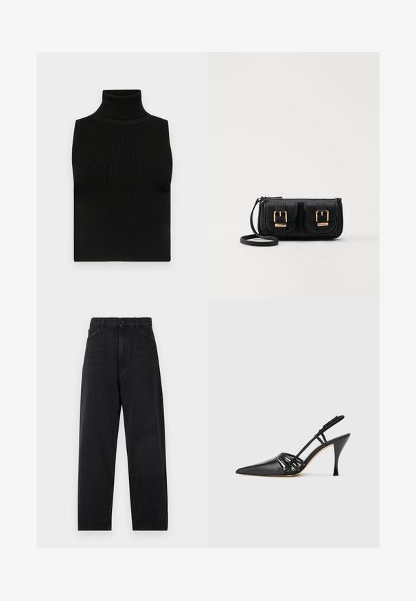 Svart ermløs turtleneck topp med ribbet tekstur og tettsittende design. Glatt stoff med høy hals og ingen ekstra detaljer.; Svarte denim jeans med høy midje, rett bein design, knapplukking og klassisk fem-lomme stil. Glatt tekstur med subtil søm.; Sorte lærhæl med åpen bak, spiss tå, krysset stropp design, og slank stiletthæl. Glatt tekstur og minimale detaljer.; Svart skinn crossbody veske med to frontlommer, gyldne spenner, glidelåslukking og en slank stropp. Teksturert overflate og kompakt rektangulær form.