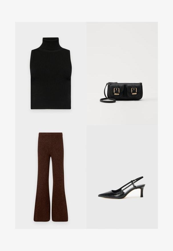 Črna brezrokavna majica z visokim ovratnikom, z rebrasto teksturo in oprijetim krojem. Gladek material z visokim ovratnikom in brez dodatnih okrasitev.; Brahke hlače z razširjenim robom iz teksturirane tkanine, ki imajo visok pas in gladek zaključek, ter široka nogavica. Brez vidne strojne opreme.; Črne lakaste slingback pete s koničastim nosom, ki imajo teksturiran vzorec kačje kože, nastavljiv trak in kratek teksturiran blok peto.; Črna usnjena torbica čez ramo z dvema sprednjima žepoma, zlatimi zaponkami, zadrgo in ozkim pasom. Tekstura površine je strukturirana, obliko pa ima kompaktno pravokotno.