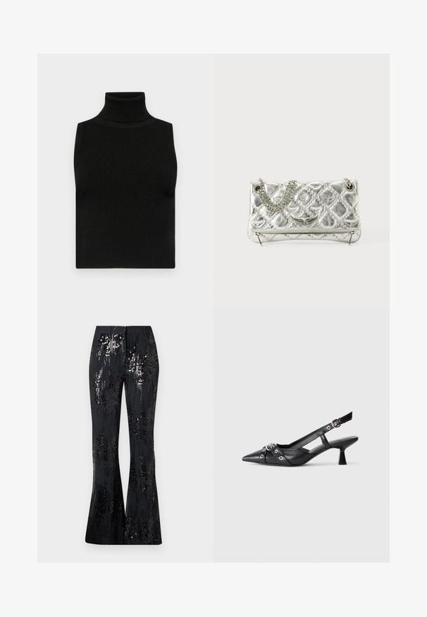 Haut sans manches noir avec col roulé, texture côtelée et coupe ajustée. Tissu lisse avec un col haut et sans embellissements supplémentaires.; The Kooples PANTALON SEUL - Pantalon classique - black; Chaussure slingback en cuir noir avec un bout pointu, des sangles décoratives avec œillets en métal et un petit talon carré. Surface texturée.; Sac à main en métal argenté avec une poignée en chaîne, texture matelassée, couture décorative et fermeture éclair. Présente des accents embossés sur le devant.