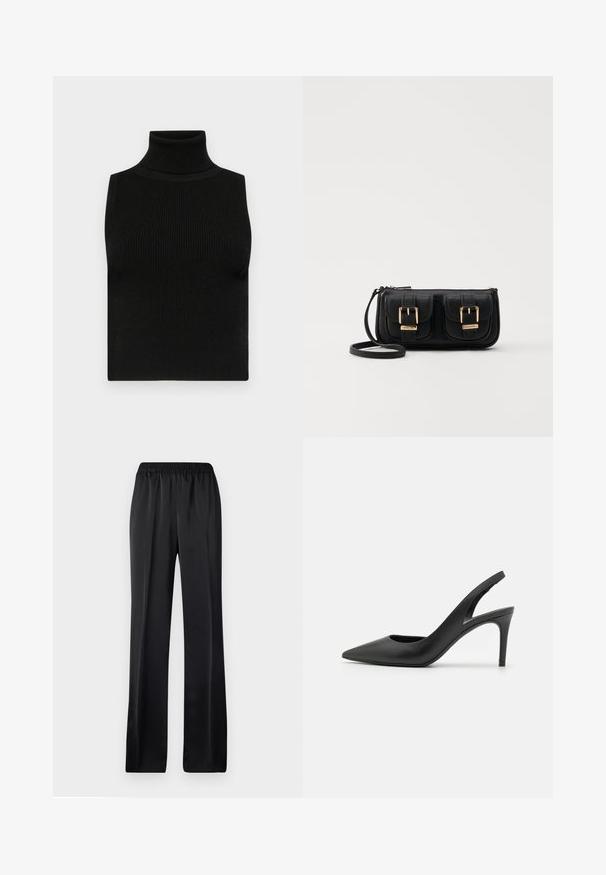 Črna brezrokavna majica z visokim ovratnikom, z rebrasto teksturo in oprijetim krojem. Gladek material z visokim ovratnikom in brez dodatnih okrasitev.; Črne hlače širokega kroja z elastičnim pasom. Narejene iz gladkega, lahkotnega materiala, z ravnim krojem in brez vidnih vzorcev.; Črne usnjene slingback visokih petah s koničastim nosom, ki vključujejo izrez spredaj in tanko stilettoteko.; Črna usnjena torbica čez ramo z dvema sprednjima žepoma, zlatimi zaponkami, zadrgo in ozkim pasom. Tekstura površine je strukturirana, obliko pa ima kompaktno pravokotno.