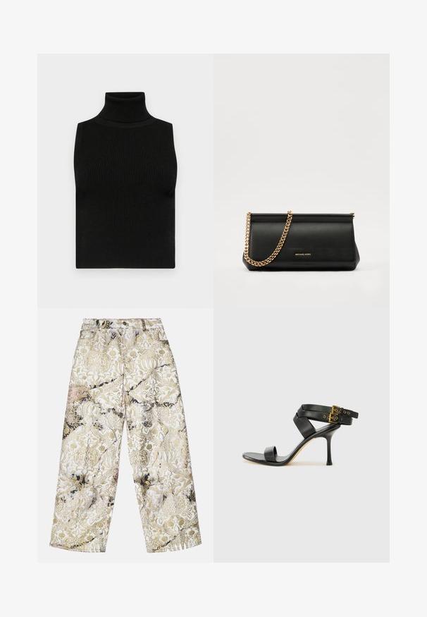 Top negru fără mâneci, cu guler înalt, realizat dintr-un material texturat cu nervuri și cu un design fitted. Material neted, fără alte detalii decorative.; Pantaloni largi dintr-un material texturat, cu un model damasc aurie și neagră pe un fundal alb, având un design cu talie înaltă.; Sandalie negre cu toc, cu curele încrucișate și cataramă ajustabilă. Prezintă o textură netedă și un toc stiletto conic.; Plică din piele neagră cu o curea din lanț auriu, având o textură netedă, formă rectangulară și o marcă embosată pe față.