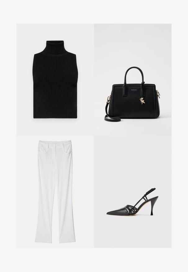 Schwarzes ärmelloses Turtleneck-Oberteil mit gerippter Textur und figurbetonter Passform. Glatter Stoff mit hohem Kragen und ohne zusätzliche Verzierungen.; Weiße, weit geschnittene Hosen aus glattem Stoff mit zwei Vorderaschen und einem genähten Bund für einen figurbetonten Look.; Schwarze Leder-Slingback-Pumps mit spitzem Zehenbereich, über Kreuz verlaufendem Riemendesign und schmalem Stiletto-Absatz. Glatte Oberfläche und minimalistische Akzente.; Schwarze Ledertasche mit strukturiertem Design, doppelten oberen Griffen, abnehmbarem Schulterriemen, goldfarbenen Beschlägen und einem Logo-Anhänger.
