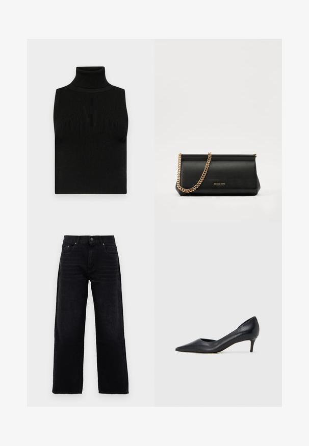 Svart ermløs turtleneck topp med ribbet tekstur og tettsittende design. Glatt stoff med høy hals og ingen ekstra detaljer.; Sorte rette jeans med frontlommer, belteholdere og knappestenging, vist mot en enkelt lys grå bakgrunn.; Sort lærpumps med spiss tupp og lav hæl. Har en jevn tekstur og subtil glans. Åpen utskjæring foran for ekstra detalj.; Svart skinnkuvertveske med en gullkjede-rem, med en glatt tekstur, rektangulær form og preget merkevare på forsiden.