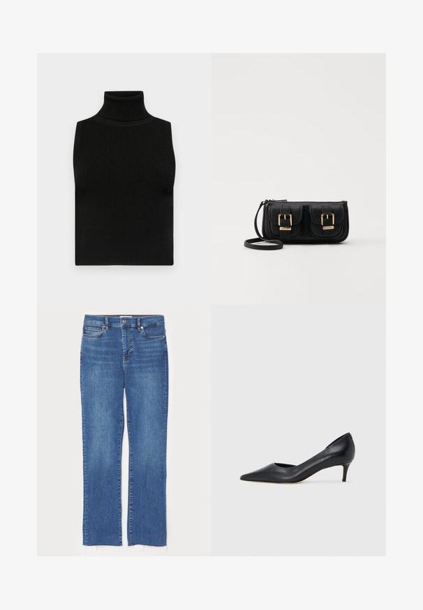 Haut sans manches noir avec col roulé, texture côtelée et coupe ajustée. Tissu lisse avec un col haut et sans embellissements supplémentaires.; Jean en denim bleu avec une coupe droite, doté d'une fermeture à bouton et à zip, de cinq poches et de bords effilochés en bas.; Escarpin en cuir noir avec un bout pointu et un talon bas. Présente une texture lisse et un éclat subtil. Découpe ouverte à l'avant pour un détail supplémentaire.; Sac en cuir noir porté en travers avec deux poches avant, boucles dorées, fermeture zippée et une sangle fine. Surface texturée et forme rectangulaire compacte.