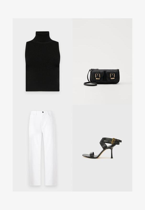 Melnā bez piedurknēm turtleneck krekls ar ribotu tekstūru un pieguļošu dizainu. Gluda auduma, augsts kakls un bez papildu rotājumiem.; Baltas platās kājas džinsi izgatavoti no denima, ar pogu aizdari, priekšējām kabatām un tīru dizainu bez redzamām rakstāmībām vai akcentiem.; Melna augsta papēža sāndele ar krustotiem siksniņām un regulējamu sprādzi. Iespēlēts gluds tekstūra un pakāpenisks stiletto papēdis.; Melnas ādas crossbody soma ar divām priekšējām kabatām, zelta sprādzēm, ar rāvējslēdzēju aizdari un šauru siksnu. Strukturēta virsma un kompakta taisnstūra forma.