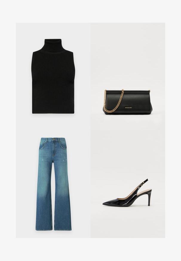 Top sin mangas negro de cuello alto con textura acanalada y diseño ajustado. Tejido suave con un cuello alto y sin adornos adicionales.; Jeans de mezclilla azul acampanados con un degradado de lavado claro, que cuentan con un diseño de cinco bolsillos, cierre de cremallera y detalle de botón de latón en la cinturilla.; Zapatos de charol negro con tirante al tobillo, punta afilada, tacón delgado y un diseño de corte sutil. Presenta una hebilla dorada en la correa.; Cartera de mano de piel negra con una correa de cadena dorada, que presenta una textura suave, forma rectangular y un logotipo en relieve en la parte frontal.