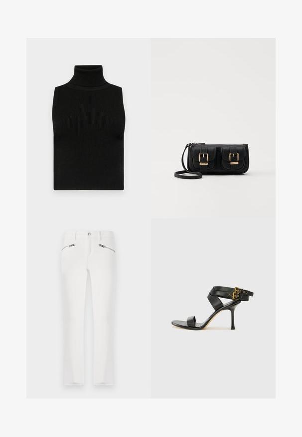 Črna brezrokavna majica z visokim ovratnikom, z rebrasto teksturo in oprijetim krojem. Gladek material z visokim ovratnikom in brez dodatnih okrasitev.; Bela kavbojka s slim fit krojem, ki ima dva žepa z zadrgo spredaj, običajen pas in rahlo strgane robove. Narejena je iz denim tkanine.; Črne sandale na peto z križnimi trakovi in prilagodljivo zaponko. Imajo gladko teksturo in zožen peto.; Črna usnjena torbica čez ramo z dvema sprednjima žepoma, zlatimi zaponkami, zadrgo in ozkim pasom. Tekstura površine je strukturirana, obliko pa ima kompaktno pravokotno.
