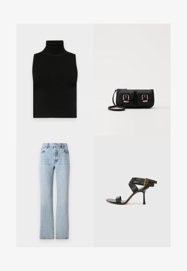 Haut sans manches noir avec col roulé, texture côtelée et coupe ajustée. Tissu lisse avec un col haut et sans embellissements supplémentaires.; Jean en denim bleu clair avec taille haute, jambes droites, design classique à cinq poches et décoloration subtile sur l'ensemble.; Sandale à talons noirs avec des straps croisés et une boucle ajustable. Elle présente une texture lisse et un talon aiguille effilé.; Sac en cuir noir porté en travers avec deux poches avant, boucles dorées, fermeture zippée et une sangle fine. Surface texturée et forme rectangulaire compacte.