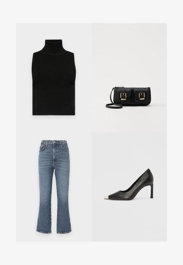 Svart ermløs turtleneck topp med ribbet tekstur og tettsittende design. Glatt stoff med høy hals og ingen ekstra detaljer.; Høyt midjeflarejeans i en mellomblå vask. Har tradisjonelle lommer og en solid knappelukking. Slitt teksturdetalj.; Svart lærsko med høye hæler, spiss tå og metallisk sølvhette. Har en glatt finish og en slank hæl på 10 cm.; Svart skinn crossbody veske med to frontlommer, gyldne spenner, glidelåslukking og en slank stropp. Teksturert overflate og kompakt rektangulær form.