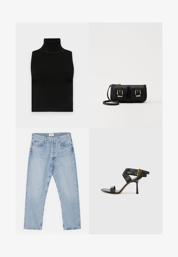 Top sin mangas negro de cuello alto con textura acanalada y diseño ajustado. Tejido suave con un cuello alto y sin adornos adicionales.; Jeans de mezclilla azul claro con un corte clásico recto, cinco bolsillos y cierre de botones, con un leve desgastado y una textura resistente.; Sandalia negra de tacón con correas cruzadas y hebilla ajustable. Presenta una textura suave y un tacón de aguja afilado.; Bolso cruzado de cuero negro con dos bolsillos frontales, hebillas doradas, cierre de cremallera y una correa delgada. Superficie texturizada y forma rectangular compacta.