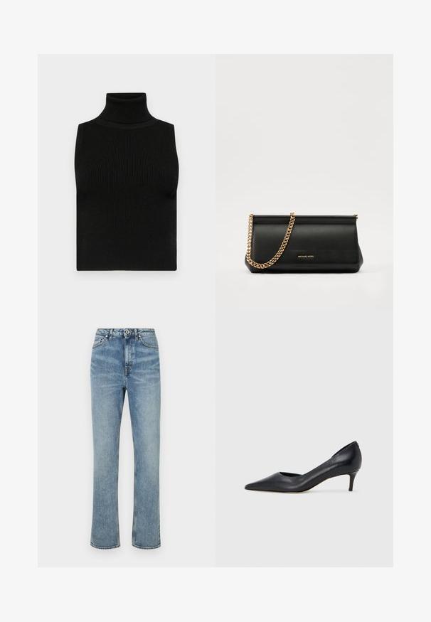 Svart ermløs turtleneck topp med ribbet tekstur og tettsittende design. Glatt stoff med høy hals og ingen ekstra detaljer.; Lys blå denim jeans med rett ben-design, høy midje, frontlukking med knapper, og klassisk fem-pocket stil. Jeansen har en jevn tekstur.; Sort lærpumps med spiss tupp og lav hæl. Har en jevn tekstur og subtil glans. Åpen utskjæring foran for ekstra detalj.; Svart skinnkuvertveske med en gullkjede-rem, med en glatt tekstur, rektangulær form og preget merkevare på forsiden.