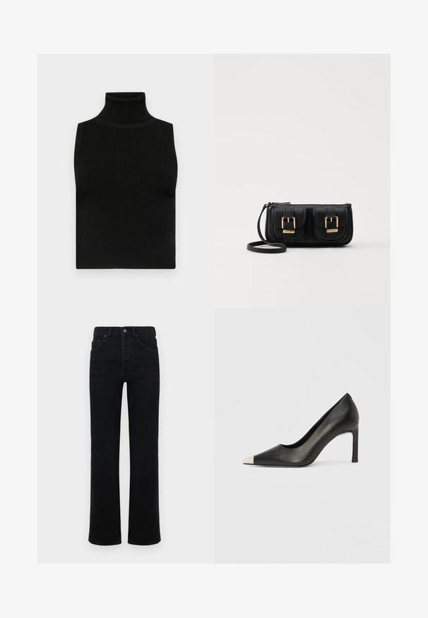 Svart ermløs turtleneck topp med ribbet tekstur og tettsittende design. Glatt stoff med høy hals og ingen ekstra detaljer.; Sorte denim jeans med høy midje, rett benutseende, fem-lomme design og knappestängning foran. Glatt tekstur, minimal detaljering.; Svart lærsko med høye hæler, spiss tå og metallisk sølvhette. Har en glatt finish og en slank hæl på 10 cm.; Svart skinn crossbody veske med to frontlommer, gyldne spenner, glidelåslukking og en slank stropp. Teksturert overflate og kompakt rektangulær form.