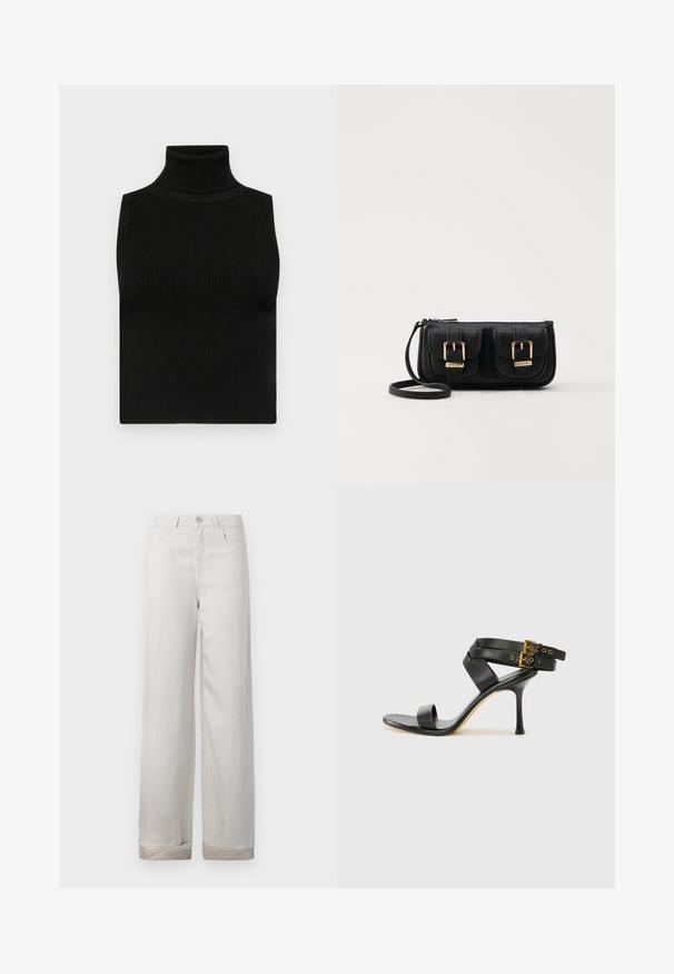 Melnā bez piedurknēm turtleneck krekls ar ribotu tekstūru un pieguļošu dizainu. Gluda auduma, augsts kakls un bez papildu rotājumiem.; Gai pelēki lina bikses ar brīvu piegriezumu, piecas kabatas, pogu aizdari un sarullēti piedurknes. Gluda tekstūra ar maigām spīduma niansēm.; Melna augsta papēža sāndele ar krustotiem siksniņām un regulējamu sprādzi. Iespēlēts gluds tekstūra un pakāpenisks stiletto papēdis.; Melnas ādas crossbody soma ar divām priekšējām kabatām, zelta sprādzēm, ar rāvējslēdzēju aizdari un šauru siksnu. Strukturēta virsma un kompakta taisnstūra forma.