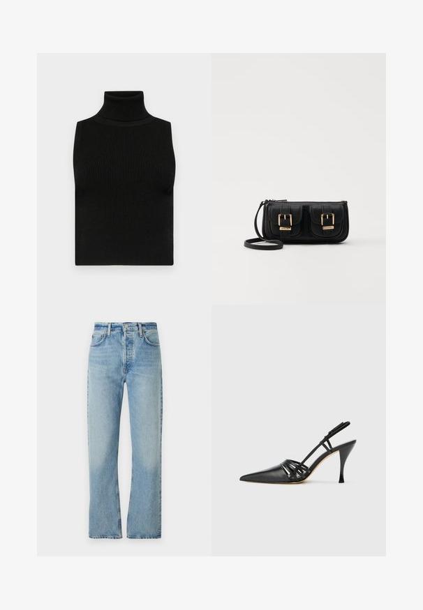 Črna brezrokavna majica z visokim ovratnikom, z rebrasto teksturo in oprijetim krojem. Gladek material z visokim ovratnikom in brez dodatnih okrasitev.; Svijetloplave traperice s ravnim nogavicama, visokog struka, petljama za remen i klasičnim petotog džepnim dizajnom. Suptilno izblijedjela tkanina.; Črne usnjene visokoodporne čevlje s peto in koničastim prstom, zasnovo križnega traku in vitko stileto peto. Gladka tekstura in minimalni poudarki.; Črna usnjena torbica čez ramo z dvema sprednjima žepoma, zlatimi zaponkami, zadrgo in ozkim pasom. Tekstura površine je strukturirana, obliko pa ima kompaktno pravokotno.
