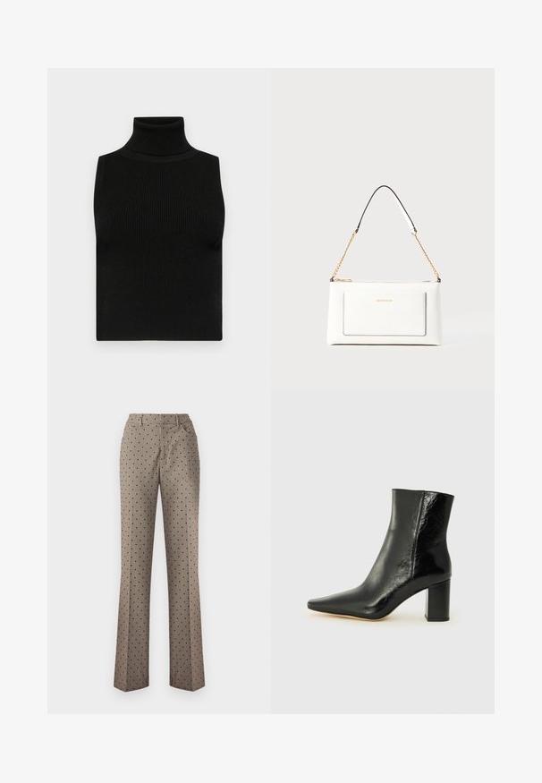 Svart ermløs turtleneck topp med ribbet tekstur og tettsittende design. Glatt stoff med høy hals og ingen ekstra detaljer.; Beige rutete bukser med svart prikkemønster, rett ben design, en baklomme og beltehalser, laget av teksturert vevd stoff.; Svart ankelstøvel laget av blankt lær med spiss tå og en robust, firkantet hæl. Har en glatt tekstur og en minimalistisk design.; Hvit lærveske med teksturert overflate, utstyrt med gullkjede for å bære over skulderen og svarte detaljer. Inkluderer en frontlomme og glidelås.