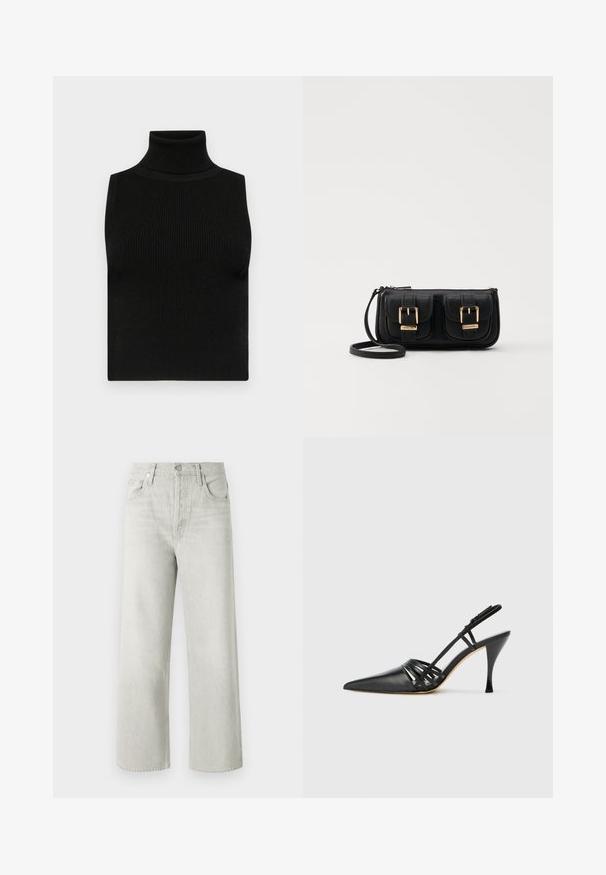 Černý bezrukávový rolák s žebrovanou strukturou a přiléhavým designem. Hladká tkanina s vysokým krkem a bez dalších ozdob.; Světle šedé džíny s širokými nohavicemi vyrobené z denimu, s vysokým pasem, předními kapsami a zapínáním na knoflík a zip.; Černá kožená lodička na vysokém podpatku s otevřenou patou, špičatou špičkou, křížovými popruhy a štíhlým jehlovým podpatkem. Hladký povrch a minimální akcenty.; Černá kožená crossbody taška se dvěma předními kapsami, zlatými přezkami, zipovým uzávěrem a štíhlým popruhem. Texturovaný povrch a kompaktní obdélníkový tvar.